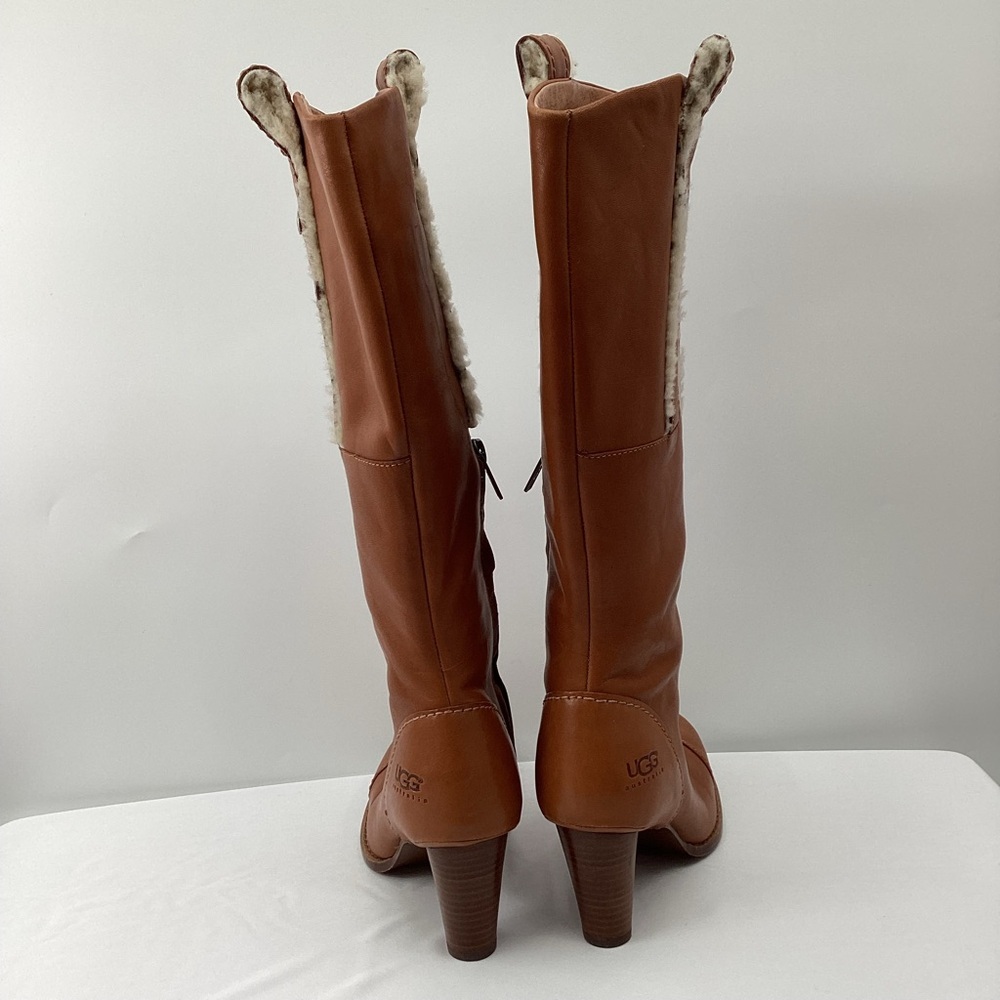 UGG Women's Tall Tan Leather Heeled Boots - Picture 2 of 16